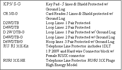 Text Box: KP5/ S-G 		Key Pad - 5 lines & Shield Protected w/
				Ground Lug
CR 5/S-G		Card Reader-5 Lines & Shield protected w/
				Ground Lug
D2WDTB		Loop Lines - 1 Pair Protected
D4WDTB		Loop Lines - 2 Pair Protected
D 2W DTB-G		Loop Lines - 1 Pair Protected w/ Ground Lug
D4WDTB-G		Loop Lines - 2 Pair Protected w/ Ground Lug
D6WDTB/G		Hoop lines - 3 Pair Protected w/ Ground Lug
RU RI 31X-Kit		Telephone Line Protector - includes 1DLT
				1 P 200V and Hard wire Connector block w/
				Female RJ3JX connector
RURJ 31X-HE		Telephone Line Protector - RU/RJ 31X Plugs	
				High Energy Model









