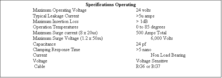Text Box: Specifications Operating
		Maximum Operating Voltage				24 volts
		Typical Leakage Current				>5u amps
		Maximum Insertion Loss		         		> 1dB
		Operation Temperatures			          	0 to 85 degrees
		Maximum Surge current (8 x 20us)			500 Amps Total
		Maximum Surge Voltage (1.2 x 50su)			6,000 Volts
		Capacitance 						24 pf
		Clamping Response Time				>5 nano 
		Current							Non Load Bearing
		Voltage						Voltage Sensitive
		 Cable							RG6 or RG7


